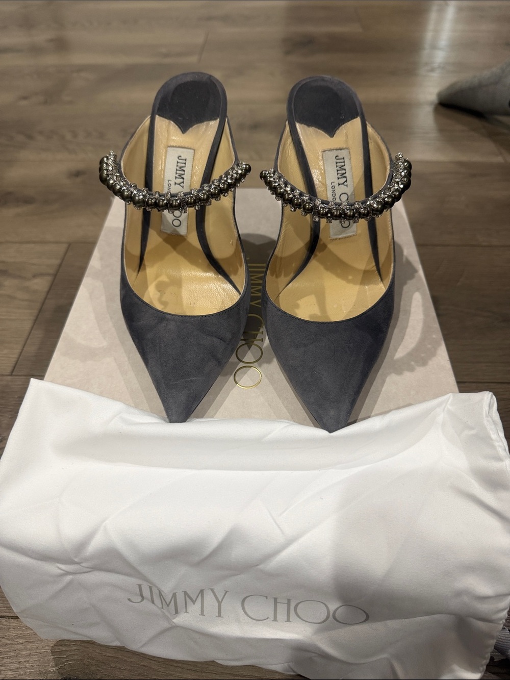Jimmy Choo Black Suede Pointed-Toe Heels with Crystal-Embellished Strap